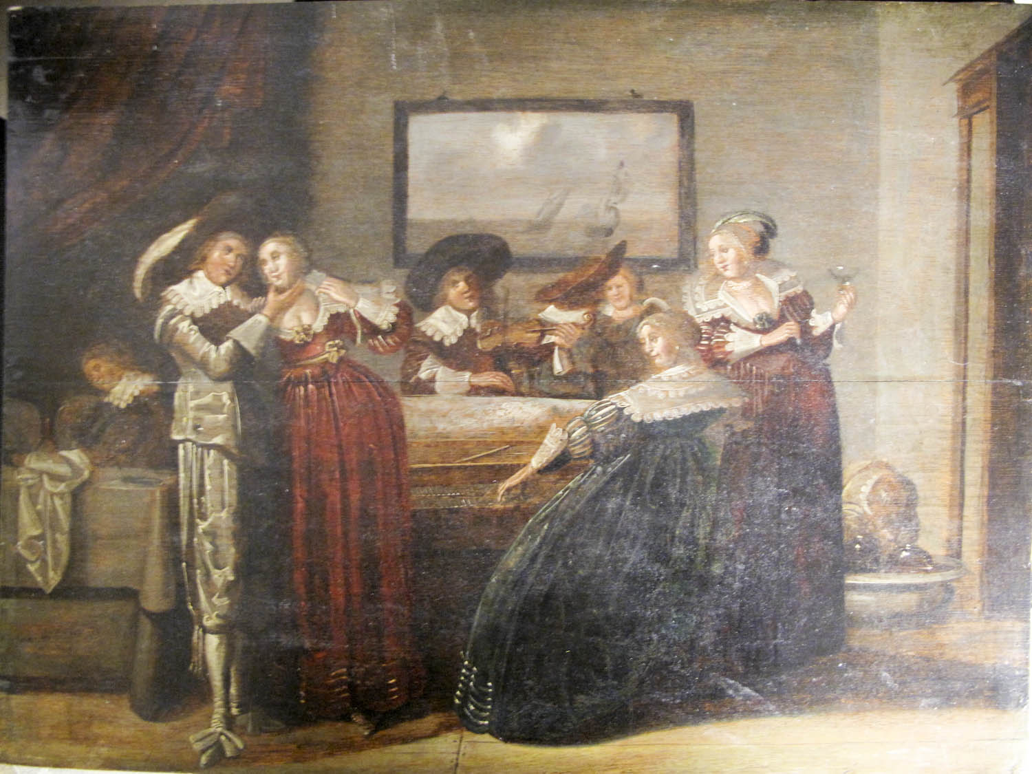 OLJEM�LNING, Tillskriven Palamedes, Otydligt signerad, Muciserande s�llskap, 40x54